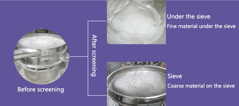 Comparison of flour before and after sieving: the material on the sieve is coarse material, and the material under the sieve is fine material