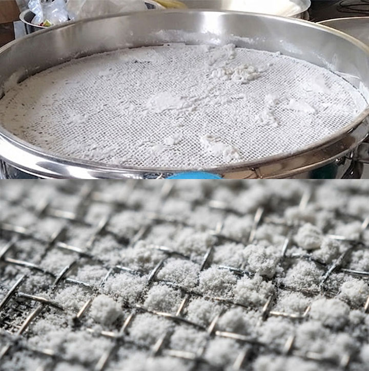 A screen mesh clogged or blocked by material or particles.