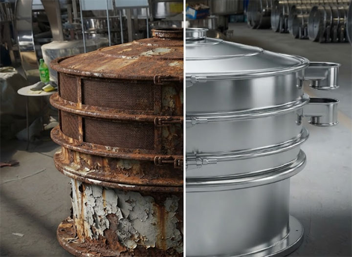 comparison-of-corroded-carbon-steel-sieve-vs-dahan-316L-stainless-steel-vibratory-sieve