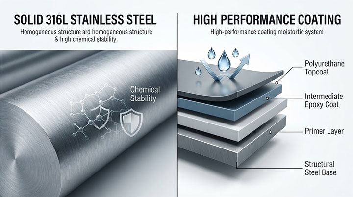 316L stainless steel chemical stability compared to multi-layer epoxy coating cross-section diagram