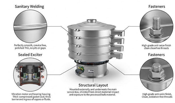 Detailed design protocols for corrosion prevention in industrial vibratory sieves including sanitary welding and sealed exciter assemblies