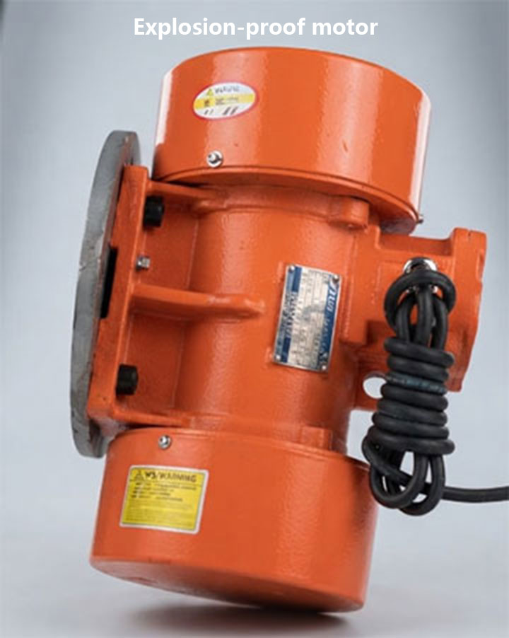 Explosion-proof industrial vibrating motor in orange housing with metallic nameplate and coiled power cable, close-up view against clean background.