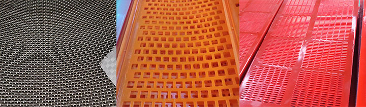 Various screen media options for industrial vibrating screens, including woven stainless steel wire mesh, perforated metal plates, and polyurethane panels.