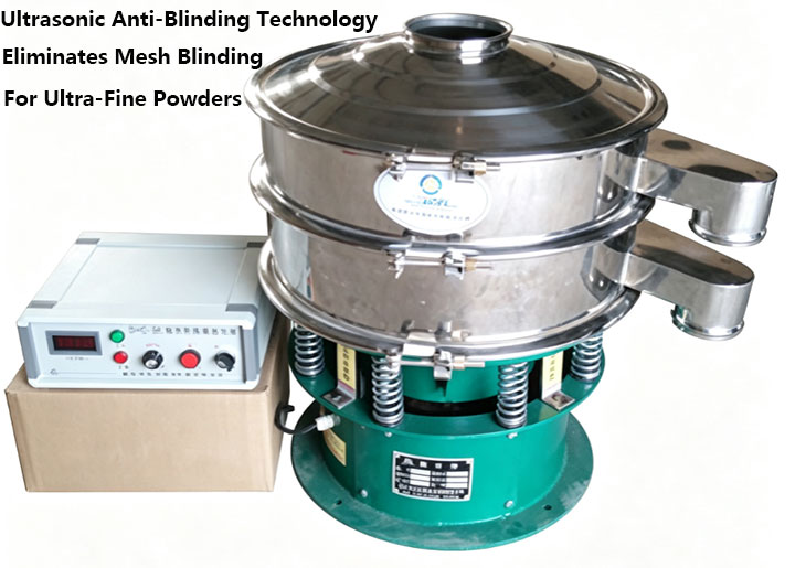 Ultrasonic vibrating screen equipped with an anti-blinding transducer system for ultra-fine sticky powders.