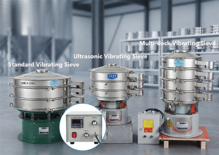 Standard, ultrasonic, and multi-deck enclosed rotary vibrating screening machines in an industrial workshop