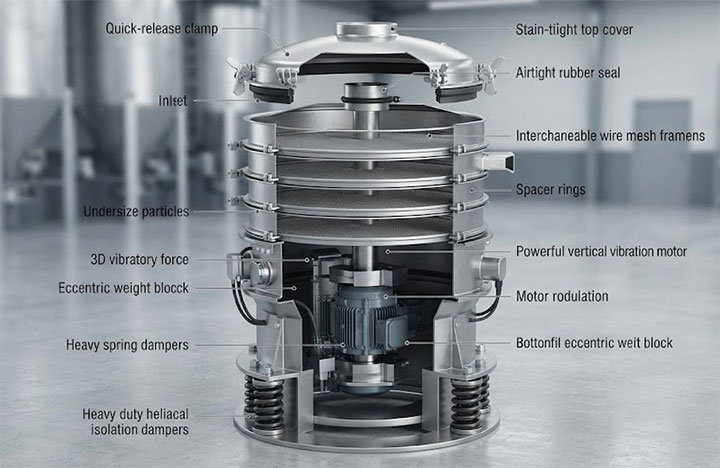 3D technical cutaway diagram showing the key structural components of an enclosed rotary vibrating screen, including the top cover, mesh frames, vertical motor, and spring dampers