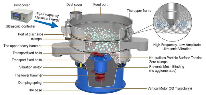 Technical cutaway diagram of an ultrasonic rotary vibrating screen showing the ultrasonic controller, vertical vibration motor with eccentric hammers, and high-frequency low-amplitude micro-vibration mesh interaction for de-agglomeration.