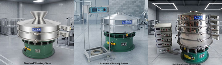 A three-panel comparison image showing different configurations of enclosed rotary vibrating screens: a Standard Vibratory Sieve on the left, an Ultrasonic Vibrating Screen in the middle with its control box, and a Multi-layer ultrasonic vibrating screen on the right, illustrating the options for grading, ultra-fine powder screening, and multi-fraction separation.