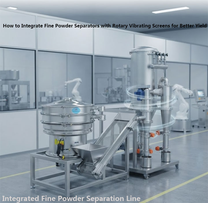 Integrated powder processing system combining an air classifier with a rotary vibrating screen in a cleanroom plant