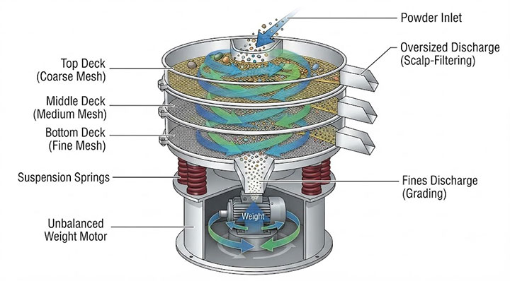 Cross-section working principle diagram of a rotary vibrating screen showing unbalanced motor, multi-deck mesh, and material grading path