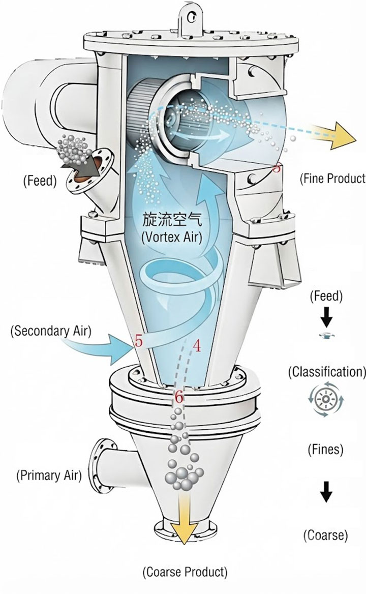 Cross-section working principle diagram of an air classifier showing internal rotor, airflow, and particle separation path