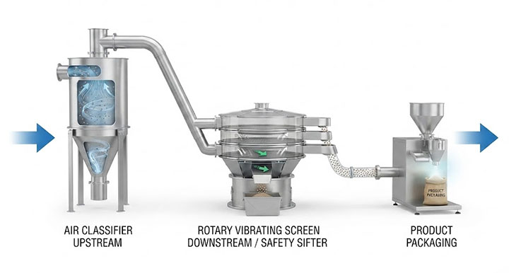 Process flow diagram showing an upstream air classifier, downstream rotary vibrating screen safety sifter, and product packaging line
