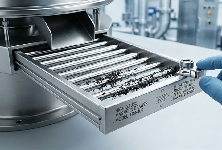 12,000 Gauss high-intensity magnetic drawer capturing cold-worked stainless steel wire fragments from sifter discharge