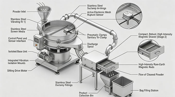 3D schematic diagram of a dual-stage powder screening line with an active mesh rupture sensor and high-intensity magnetic drawer