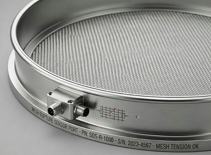 Sanitary stainless steel sifter screen ring with integrated real-time mesh rupture sensor port and circuit diagram