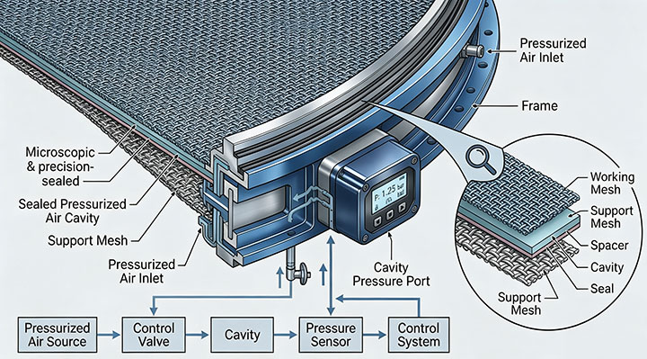Cross-section schematic diagram of pneumatic mesh rupture detection system with dual-layer pressurized air cavity and pressure sensor control system