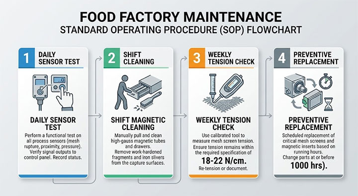 4-step food factory SOP maintenance flowchart for sifter screen integrity, magnetic cleaning, tension check 18-22 N/cm, and preventive replacement 1000 hrs