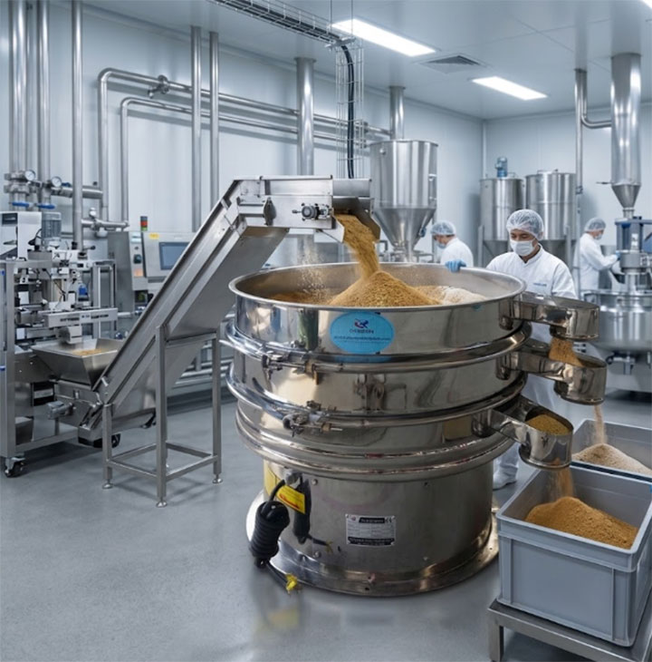 Sanitary stainless steel vibro sifter screening food powder in an automated industrial processing plant