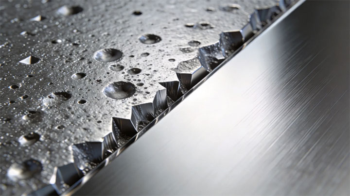 Microscopic comparison of bead blasted pitted texture versus mirror polished smooth surface for industrial sanitary vibrating screens