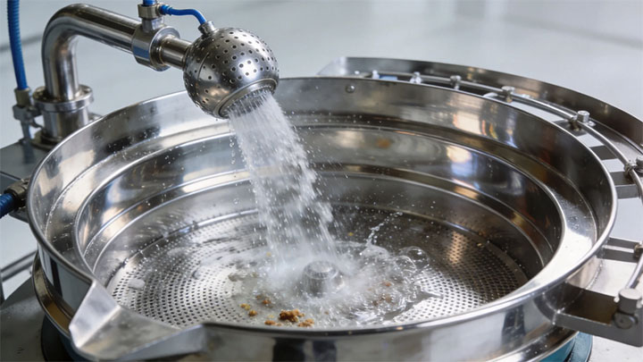 CIP spray ball washing the interior of a mirror polished stainless steel vibrating screen during clean in place process