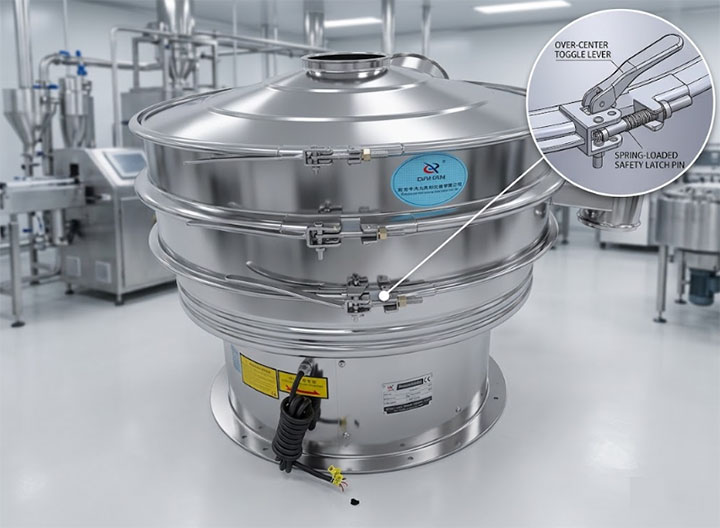 Food-grade sanitary vibro sifter featuring a tool-free quick-release clamp assembly with safety latch pin callout