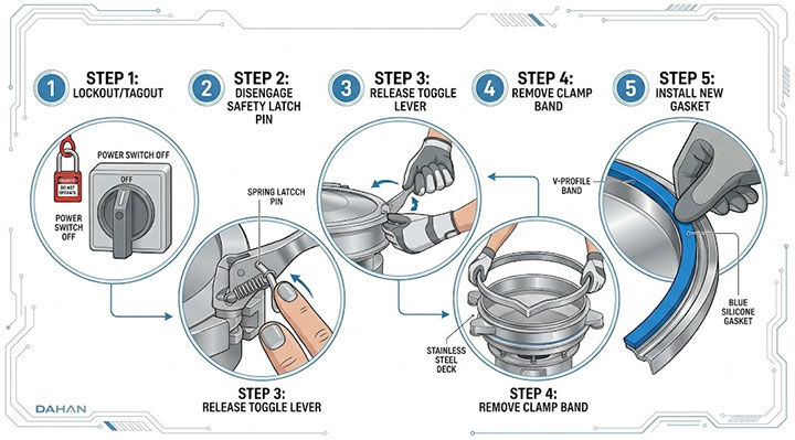 5-step tool-free disassembly SOP diagram for quick-release clamps on food vibro sifters