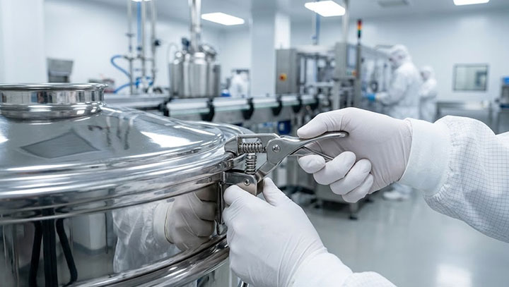 Food plant operator using white sanitary gloves to disengage the quick-release clamp on a vibrating screen