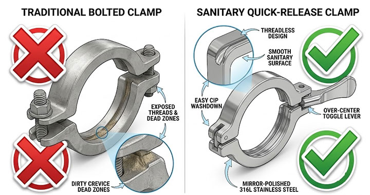 Side-by-side comparison between traditional bolted clamps with exposed threads and mirror-polished sanitary quick-release clamps for food vibro sifters