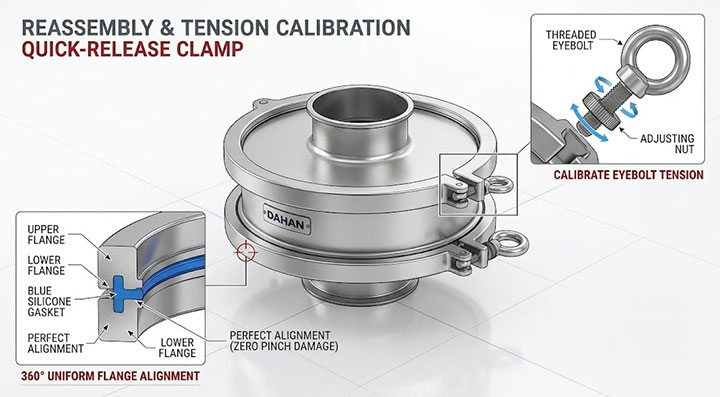Technical CAD illustration showing eyebolt tension calibration and 360-degree flange alignment with blue silicone gasket on a sanitary sifter deck