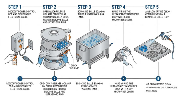 5-step COP cleaning SOP diagram for food vibrating screens including lockout power, disassembling bouncing balls, ball washing, transducer hand wiping, and air blow drying