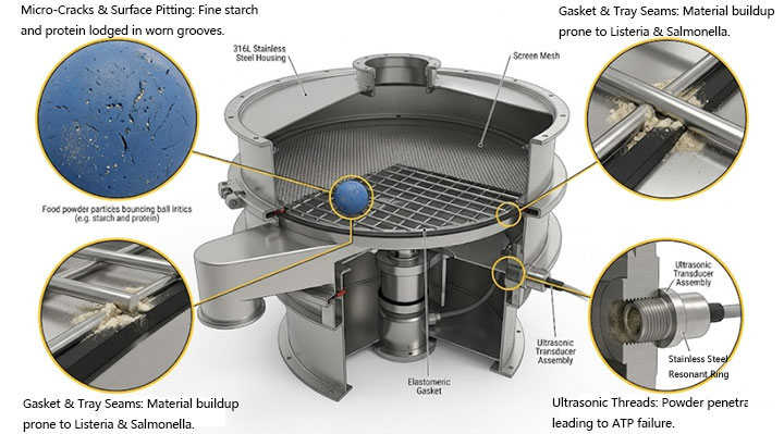 3D technical illustration showing hygienic dead zones and powder residue buildup on bouncing balls, gaskets, and ultrasonic transducer threads in a food vibrating screen