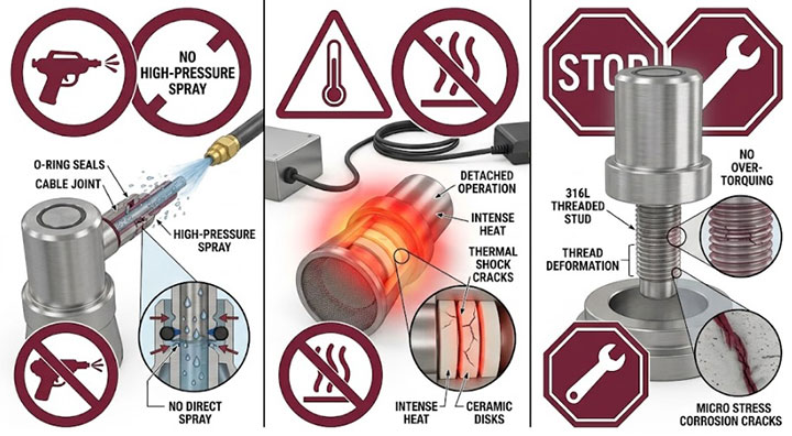 Infographic illustrating 3 fatal ultrasonic transducer failures: avoid high-pressure spray, prevent thermal shock from dry running, and stop over-torquing that causes 316L stud deformation and stress-corrosion cracking.