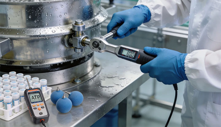 Close-up of a technician using a calibrated digital torque wrench on a food vibrating screen ultrasonic transducer, with an ATP hygiene meter and spare silicone bouncing balls nearby.